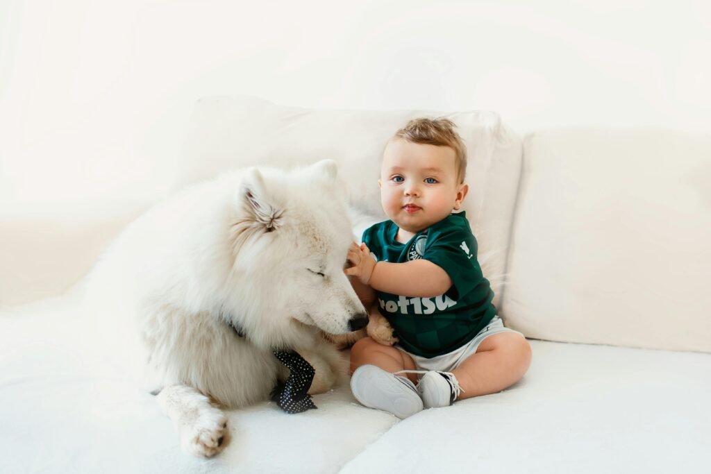Cute baby in green shirt sitting indoors with a fluffy white Samoyed dog.